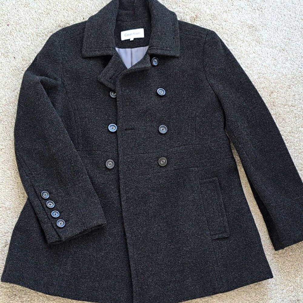 CALVIN KLEIN Double Breasted Wool Blend Pea Coat Black Gray Textured 14